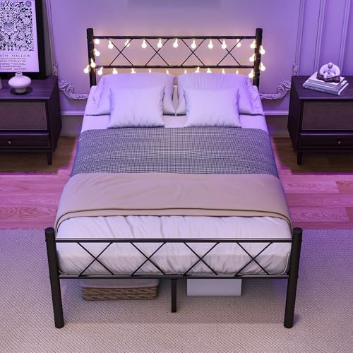 HOJINLINERO Bettgestell 120x200 mit Beleuchtung,Bett 120x200 mit Lattenrost,Bettrahmen Metall,Metallbett Doppelbett Gästebett Jugendbett mit Stauraum unter dem Bett für Schlafzimmer,Schwarz