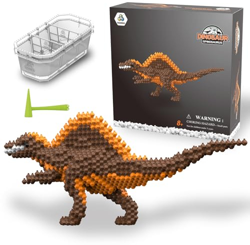 LONESTAR Mini Klemmbausteine Spinosaurus Dinosaurier 3D Modell, 420 Teile, Mikrobausteine in Braun und Orange, 42 x 10 x 19 cm, DIY Bauset mit Sortierbox, dekorativ, pädagogisch wertvoll, sammelbar