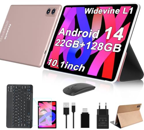 fezawio Tablet 10 Pulgadas Tablets Android 14, 22GB Ram+128GB ROM Octa-Core Tablets 5G WiFi, 8000 Mah, (1tb TF) Tablet con Teclado y RatóN + un año de Seguro contra Rotura de Pantalla- Golden