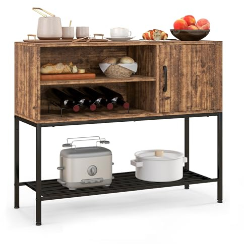 COSTWAY Sideboard mit Weinregal & Metallablage, Küchenschrank aus Holz, Weinschrank 35 x 100 x 83 cm, Konsolentisch Buffetschrank für Esszimmer, Wohnzimmer, Flur, Eingang (Braun)