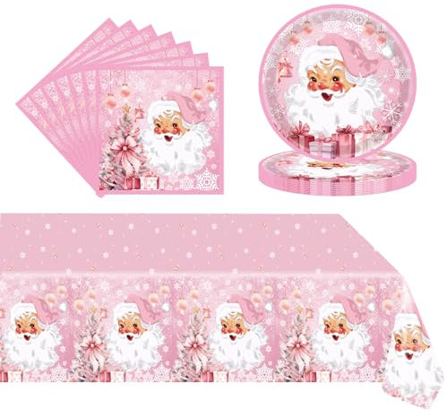 37 Stück Weihnachten Partygeschirr Set,Weihnachtsparty-Tischdecke,Pappteller,Servietten-Set,Party-Dekoration,Rosa Weihnachts Gitter Partygeschirr für Weihnachts Party Tischdeko Silvester Neujahrsparty