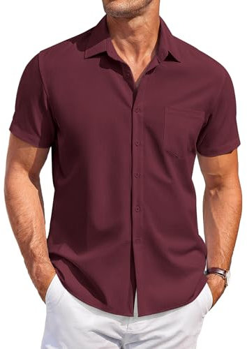 COOFANDY Men's Short Sleeve Button Down Shirt - Casual Summer Beach Vacation Shirt, Wrinkle Free, Dark Red, XXL