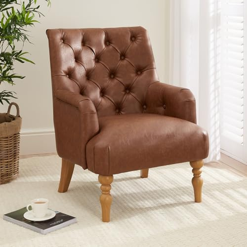 Chatsworth Tan Brown Faux Leather Deep Button Upholstered Armchair - Natural Oak Colour Hardwood Legs - Comfortable and Supportive Foam Cushioning - H910mm x W730mm x D800mm (Seat H450mm)