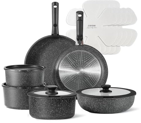 CAROTE 17pcs Pots and Pans Set Non Stick, Nonstick Cookware Set with Removable Handle,RV Kitchen Set, Detachable Cookware Set, Oven Use, Camping Use, Midnight Black