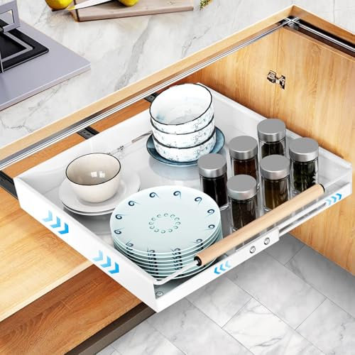 AIGOCITY Teleskopschublade, Ausziehbare Schublade Küche,Küchenschrank Organizer, Kohlenstoffstahl Ausziehbare Schubladen,Sanft Verschiebbar Korbauszug Küchenschrank, Expandierbare Breite 30-48.2cm