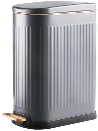 ELPHECO Slim Bathroom Trash Can Foot-Operated Stainless Steel Garbage Can with Soft Close Lid Step Trash Bin with Removable Inner Bucket for Bedroom, Office, Kitchen (Grey, 3.5 Gallons)