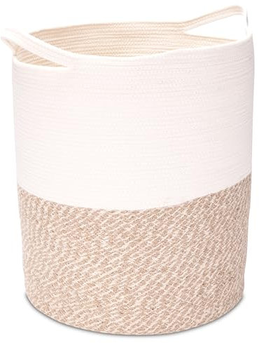 Decorasian Wäschekorb aus Jute und Baumwolle – Wäschesack groß und rund – großer Wäschesammler mit Griffen – Laundry Basket für Kinder - Größe D=40cm - L