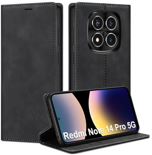 Guisessy Handyhülle für Xiaomi Redmi Note 14 Pro 5G Hülle Leder, Premium Klappbar Flip Wallet Case mit Magnet Kartenfach Standfunktion Schutzhülle für Redmi Note 14 Pro 5G, Schwarz