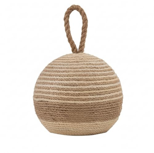 PEMAR Natural Wicker Door Stopper with Handle, Rustic Farmhouse Decorative Door Stop, Heavy Indoor Doorstop, Nautical Blocker Jammer 6.3''D Sphere Ball Shape (Modern Farmhouse)