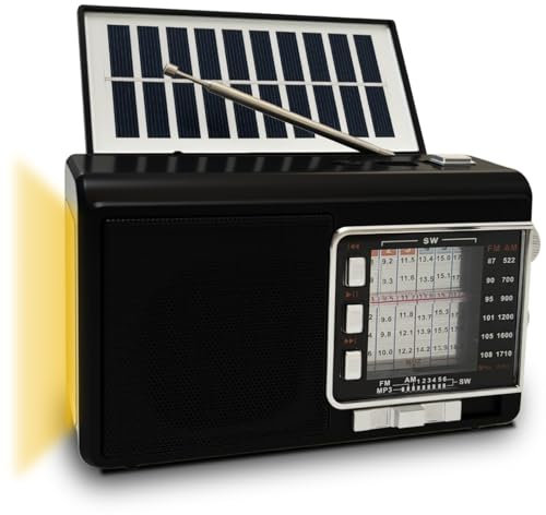 Radio Portatile con Pannello Solare e Batteria 1200mAh, Ricevitore AM/FM/SW1-6 con Altoparlante 8W/TWS/USB/TF, Torcia, Radio Bluetooth Ricaricabile per Camping, Emergenze, Esterno