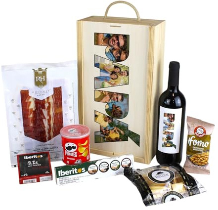 Caja Regalo Aperitivos Personalizada con Fotos PAPÁ Caja Regalo Día del Padre Cumpleaños Aniversario (Vino Tinto)