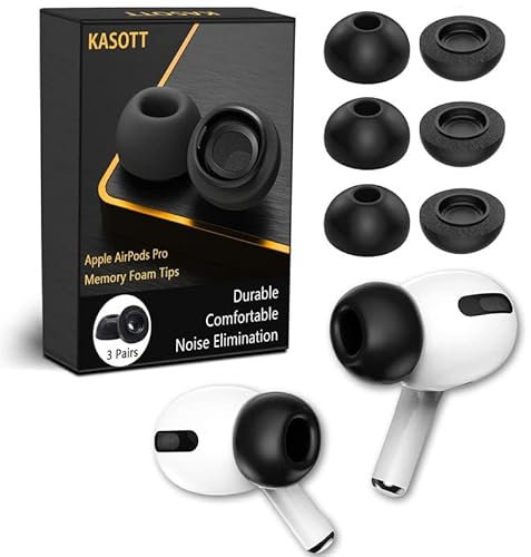 KASOTT Verbesserte Ohrstöpsel aus Memory-Schaum für AirPods Pro 1. und 2. Generation, Bequeme Schaumstoff-Ohrstöpsel, bessere Geräuschunterdrückung, 3 Paar Ersatzspitzen Kabel