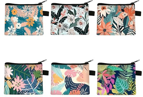 Syrvnto 6 Pièces Porte-Monnaie Femme Mini Portefeuille avec Fermeture Éclair Coloré à Imprimé Tropical pour Pièces,Rouge à Lèvres,Carte De Crédit, Portable Petite Floral Pochette en Tissu pour Filles