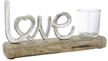 Edler Schriftzug mit Teelichthalter auf Holz in brüniertem Aluminium als Aufsteller, Modell: Love, Maße 22,5 x 12 x 4 cm