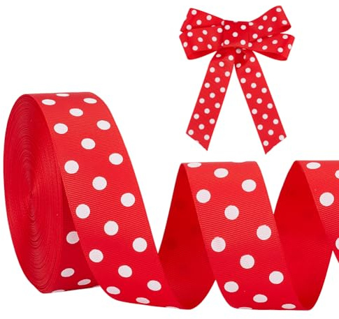PH PandaHall 27.4m Polka Dot Farbband 3,8 cm breite rote Bänder mit weißen Punkten Grosgrain-Bänder Geschenkverpackung Dekor für Party Weihnachtsdekoration Kranz Crafting Nähen Ornamente