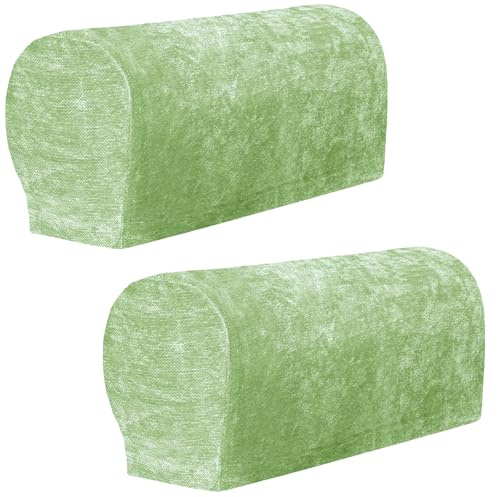 XIEHUZA 1 Pair Chenille Stretch Armrest Covers, Skin-Friendly Arm Covers Protectors for Sofa Couch Chairs Recliner, Non-Slip Armchair Slipcovers with Twist Pins (Apple Green)