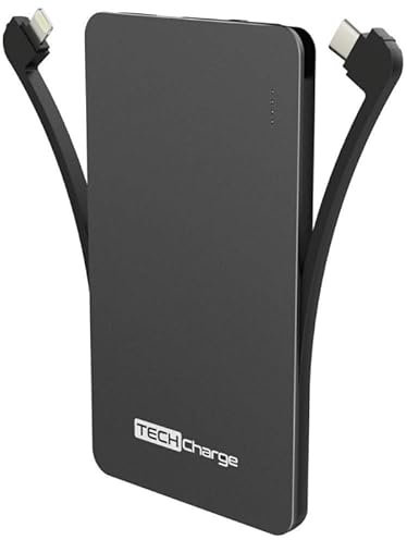 Slim Power Bank Fast Charging – 5000mAh Small Portable Charger with Built-in Cables – Lightweight Power Bank for Phone, iPhone, USB Devices – Ultra Slim PowerBank, Charge 3 Devices