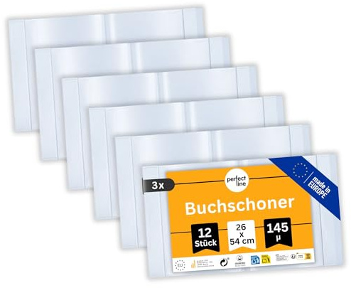 perfect line 36x Buchumschlag 26 cm Höhe, Schulbuchhülle extra stabil aus PP, Buchschoner glasklar, transparent, abwischbar, Hülle bis 54 cm Breite, Made in EU (3 Sets á 12 Stk.)