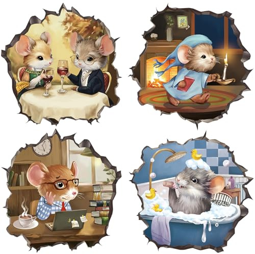 fufuquare 3D Karikatur Maus Loch Wandtattoo Abziehen und Aufkleben, 4 Designs lustiges Geschenk tägliches Leben Szenen Mäuse Wandaufkleber für Badezimmer, Esszimmer, Schlafzimmer, Büro