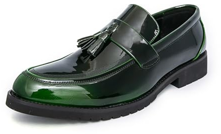 Mocassini da uomo in pelle verniciata, con nappa, con plateau, casual, antiscivolo, con suola a blocco, per lavoro, ufficio, matrimonio, mocassini Penny, Verde, 45 EU
