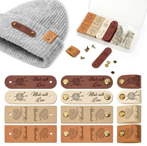 20 Stück Handgemachte PU-Wildleder Etiketten mit Löchern & Nieten – Bunte Lederetiketten zum Nähen, Stricken & Häkeln – Personalisierte Labels aus Synthetischem Stoff für DIY Projekte, Kleidung & Gesc
