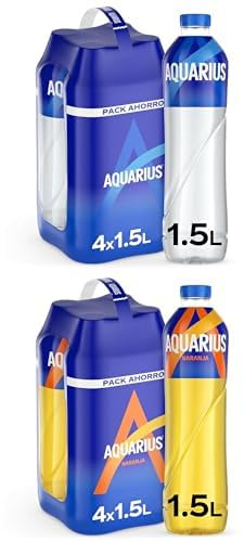 AQUARIUS Limón, Bebida Hidratante con Sales Minerales, Baja en Calorías - Pack de 4 botellas 1,5L + AQUARIUS Naranja, Bebida Hidratante con Sales Minerales, Baja en Calorías - Pack 4 botellas 1,5 L