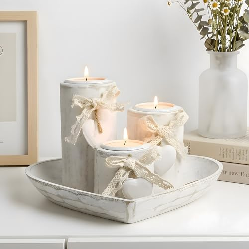 Holz Teelichthalter mit Tablett, 3Pcs Kerzenständer Set für Hochzeits Tischdeko, Herzform Romantische Wohndeko für Freundin Geburtstag, Herz Deko Geschenke für Mama, Liebesgeschenke für Frauen