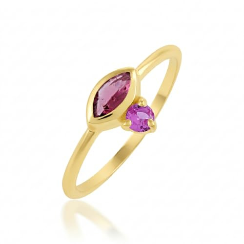AZURFA Élégante bague solitaire marquise et saphir rose rond en finition plaquée or jaune avec pierres à facettes 2,5 x 5 mm et 2 mm Bijoux pour toutes les occasions 61 (19,4), S1/2