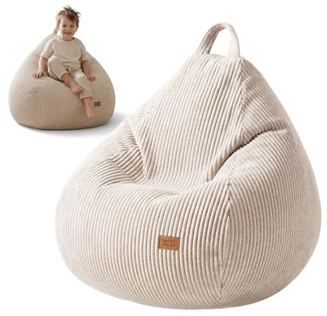 MARK ADLER Comfy 1.0 Sitzsack für Kinder mit Schaumstofffüllung - Cord Bean Bag & Pouf mit Griff - 70 x 70 x 53 cm - Bequem - für kinderzimmer & Wohnzimmer - Beige