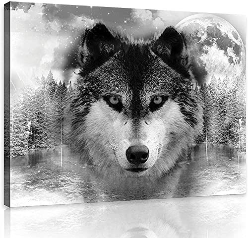 Forwall - Leinwand Bilder - Wolf Tiere Grau Wald Nacht - 60x40 cm Leinwandbilder - Bild auf leinwand - Wandbild XXL groß Wandbilder für Wohnzimmer Schlafzimmer Wohnzimmerbilder Modern kunstdruck