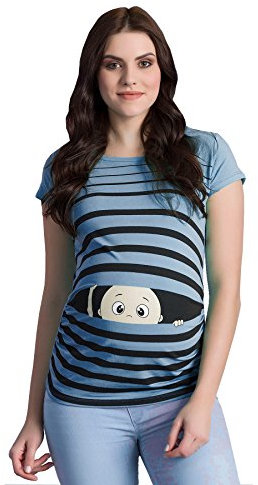 Vêtement de maternité Mignon et Rigolo avec de Motifs de bébé Qui Regarde Humour Haut Femme, à Manches Courtes (Bleu pâle, Medium)