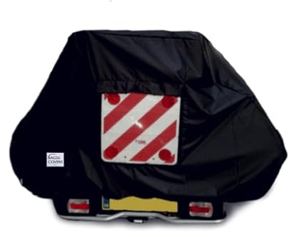 Motor home/Caravan 2 Electric Bike Cover with Webbings for Tow Ball or A - Frame Mounted Style Bike Racks (Black With Clear Pocket & Hazard Board)