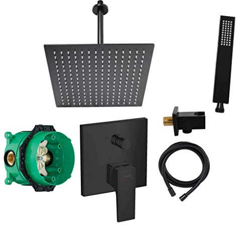 vanvilla Duschsystem mit Unterputz Duscharmatur von Hansgrohe Einhebelmischer und vanvilla Regendusche mit Armatur, Duschkopf eckig, Dusch-SET HGS02 schwarz matt beschichtet