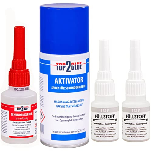 TOP2GLUE Industrie Sekundenkleber Schweissnaht extra stark - hält wie geschweisst - 50g Superkleber extra stark - 200ml Sekundenkleber Aktivator - 2 x 20g Sekundenkleber Granulat
