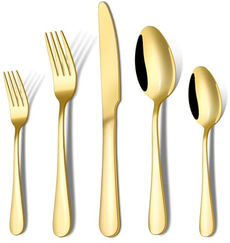 Goldenes Silberbesteck-Set, 20-teiliges Besteckset von ENLOY aus Edelstahl für 4 Personen, robustes Geschenk und spülmaschinenfest, hochglanzpoliertes Tafelmesser, Gabel und Löffel für das Restaurant