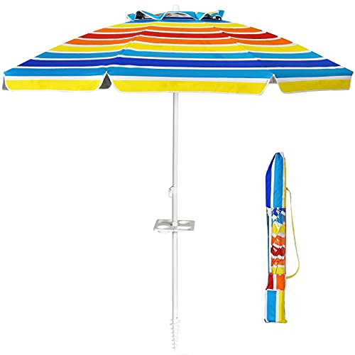 GIANTEX 220 cm Sonnenschirm, Strandschirm mit Verankerung & Getränkehalter, neigbarer Gartenschirm Terrassenschirm, Marktschirm mit Tragetasche, Schirm rund Sonnenschutz UV50+