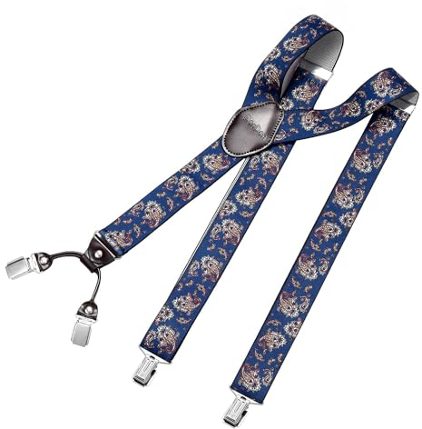 DonDon Hosenträger Herren extra stark Paisley blau 3,5 cm Hosenträger Herren breit mit brauem Leder in Y-Form lang - Starke Clips passend für Anzug Jeans Chinos Vintage Rockabilly Suspenders