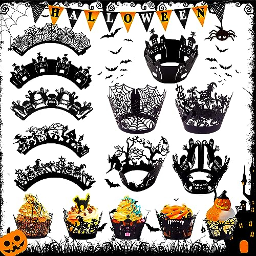 Benaton 25 Stück Halloween Cake Topper, Halloween Fledermaus Spinne Backen Cake Topper, Spinnennetz Hexen Cupcake Topper, Kürbis Halloween Kuchen Dessert Deko, Halloween Muffin Deko(5 Stile)