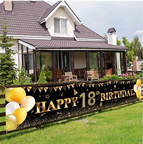 Happy 18th Birthday Banner,18th Birthday Decoration Black Gold,Party Backdrop Banner Fabric Banner for Girl Boy 18th Birthday Photo Backdrop,Photography Background,Outdoor Yard Garden Table Wall Decor
