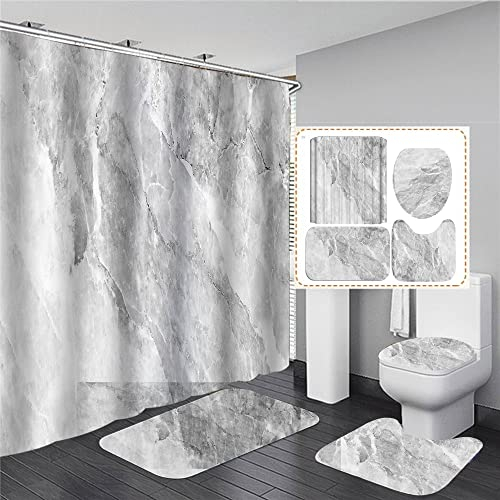 Hearda Moderne 4-Teiliges Duschvorhang-Set für Badezimmer, 3D Marmor-Druck rutschfest WC-Vorleger + WC-Deckelbezug + Badematte + Duschvorhang mit 12 Haken (4PC,Grauer Stein)
