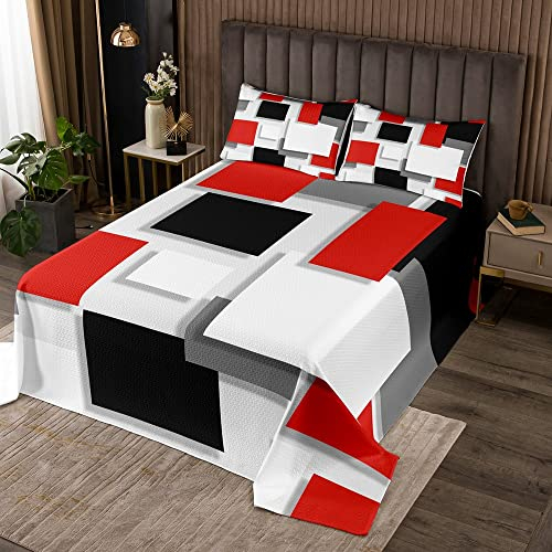 Geometrie Quadrat Bettwäsche Set Rot Grau Schwarz Weiß Steppdecken Set für Kinder Erwachsene Modernes Geometrisches Gitter Ombré Tagesdecke Weich 240 x260 Moderne Einfache Grafisch Tagesdecke