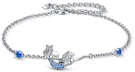 YAFEINI Bracelet de Cheville Sirène pour Femmes Filles en Argent Sterling Perles de Sirène Bracelet de Cheville Chaîne de Cheville Bijoux Cadeaux pour Femmes Filles (Bleu)
