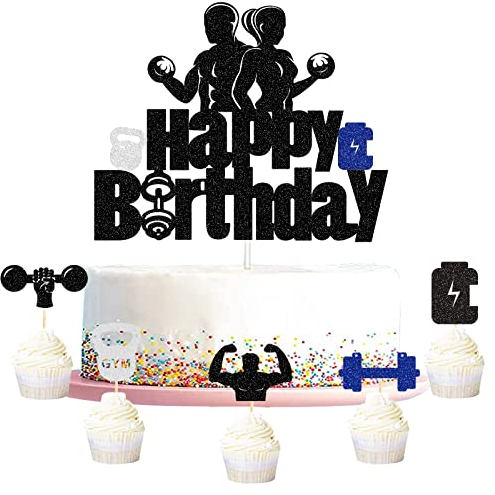 G-LOVELY'S 6PCS Fitness Kuchen Deko, Sport Kuchendeko, Cupcake Topper Tortendeko mit Hantel Gewichtheben für Fitness Gym Thema Party Dekorationen
