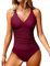 UMIPUBO Costume da Bagno Intero Donna Sexy Scollo a V Push Up Costumi da Mare Interi a Vita Alta Controllo della Pancia Monokini Bikini Un Pezzo Spiaggia Beachwear Swimwear (Vino Rosso, M)