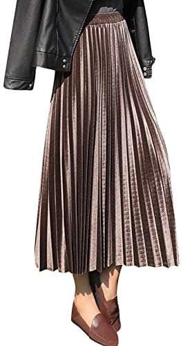 Women Casual Velvet Solid Color Long Half Skirt High Waist Pleated Skirt Maxi Dress V Neck Rose Gold