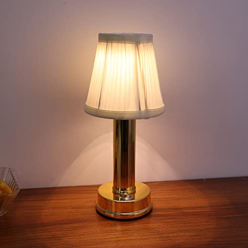 Akku LED Tischlampen 3-farbig Dimmbar Touch Tischleuchten Stoffshirm Beige Modern USB Nachttischlampe für Wohnzimmer Kaffeetisch Schlafzimmer Restaurant Esstisch,Gold