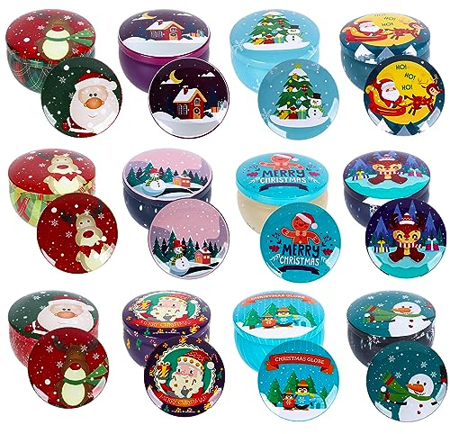Gukasxi 12 Stück Kleine Leere Kerzendosen, Mini Weihnachtsmuster Kerzengläser, Candle Tin Jars, Runde Leere Metall Kerzengläser mit Deckel, für Trockene Lagerung Gewürze, Süßigkeiten, Partygeschenke