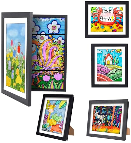 sixzerone Bilderrahmen Kinderzeichnungen,A4 Befüllba Kunstfotorahmen Kinder,25,4 x 32,8 cm,Frontöffnung Kunstwerke, Ideal für, Kunstprojekte, Schule, Zuhause (Schwarz)