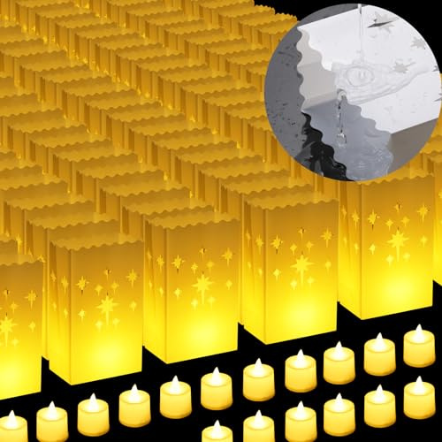 2025 New Waterproof 50 Pcs - Luminary Bags with Flameless Candles - Plastics Reusable Luminaries with Led Lights - Christmas Luminary Bags for Outdoors Birthday Wedding Thanksgiving Party Decor