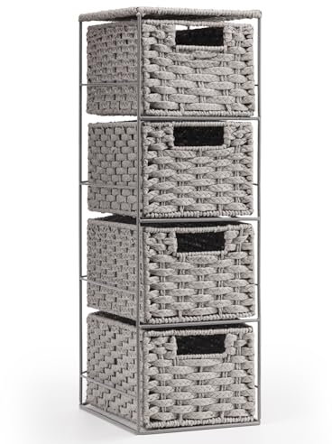EHC Drawers Storage Unit Baskets, 4 Drawer Wicker Hand-Woven Storage boxes Shelves, Slimline Ideal For Organising Home or Office - Grey
